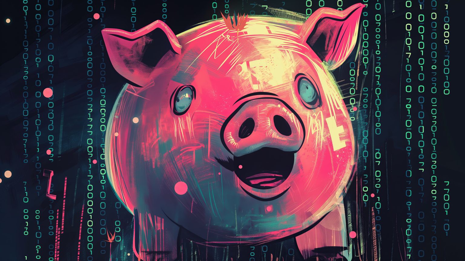 Financial Pig Butchering Scam Concept. A Pig with a wall full of
